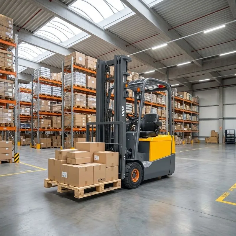 Xilin three-wheel electric forklift handling palletised stock