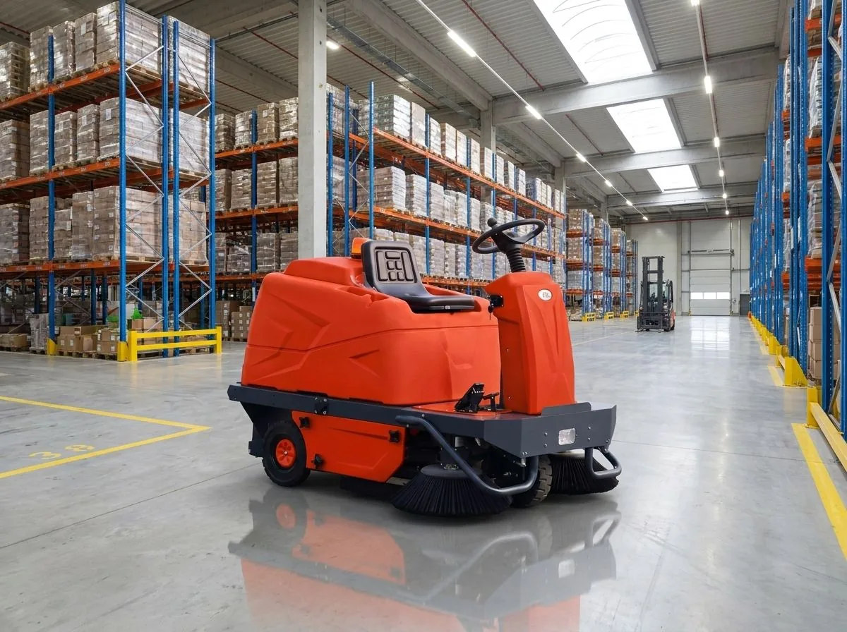 ORI ride-on industrial sweeper at work in a large warehouse