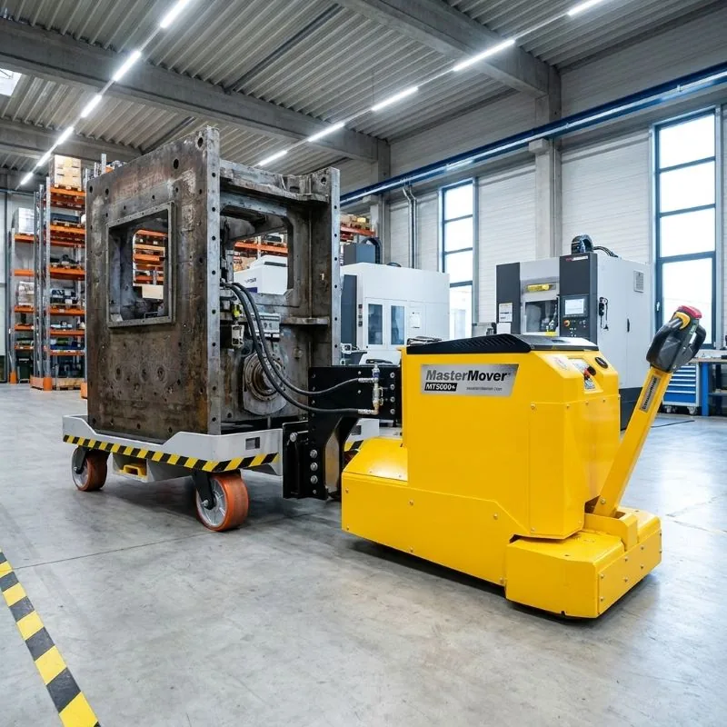 MasterMover MTS1000+ electric tug towing heavy tooling in a workshop